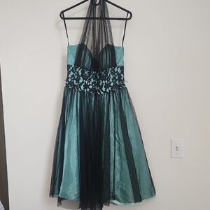 Betsy & Adam Vintage Halter Top Black And Teal Gown